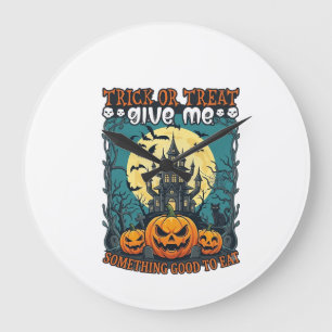Trick Or Treat Halloween Haunted House Pumpkins Mo Large Clock