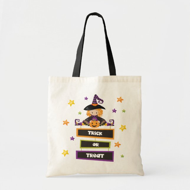 Trick or Treat Halloween Kids Candy Cartoon Witch Tote Bag (Front)