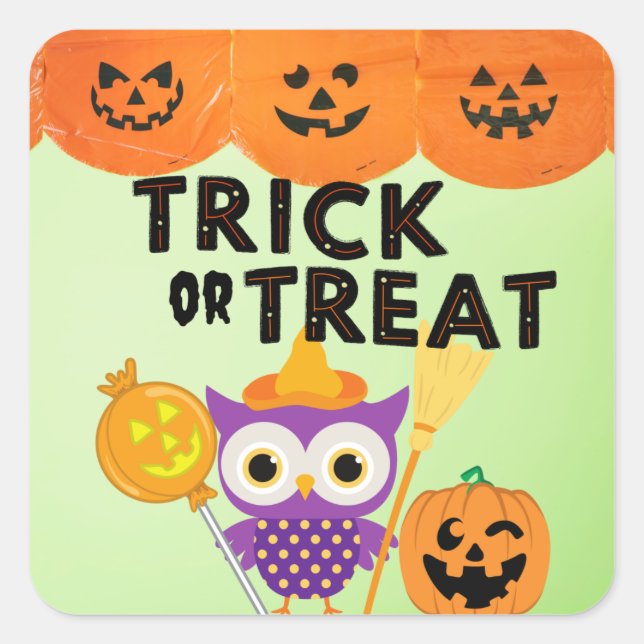 Trick or Treat, Halloween owl, Funny Halloween Square Sticker (Front)