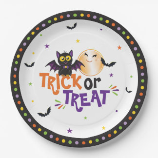 Trick or Treat Halloween Party Cute Bat and Moon Paper Plate