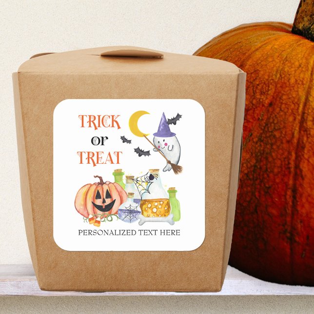 Trick or Treat Halloween Party Favour Square Sticker (Trick or Treat stickers for halloween visitors, baby shower or birthday party)