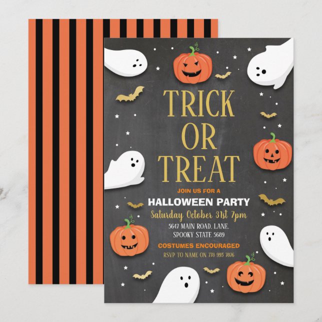 Trick or Treat Halloween Party Ghosts Bags Gold Invitation (Front/Back)