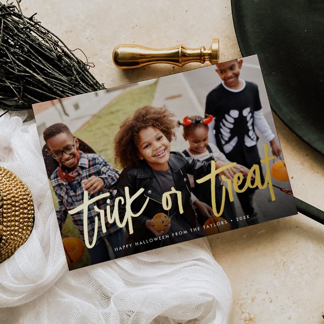 Trick or Treat Halloween Photo Foil Holiday Card (Creator Uploaded)