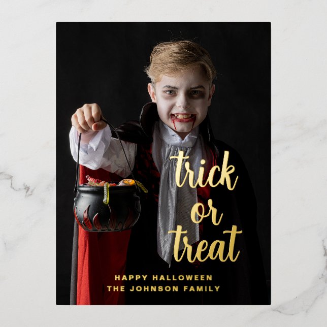 Trick Or Treat Halloween Photo Gold Foil Holiday Postcard (Front)