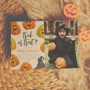 Trick or Treat Halloween Pumpkin Photo Birthday Invitation