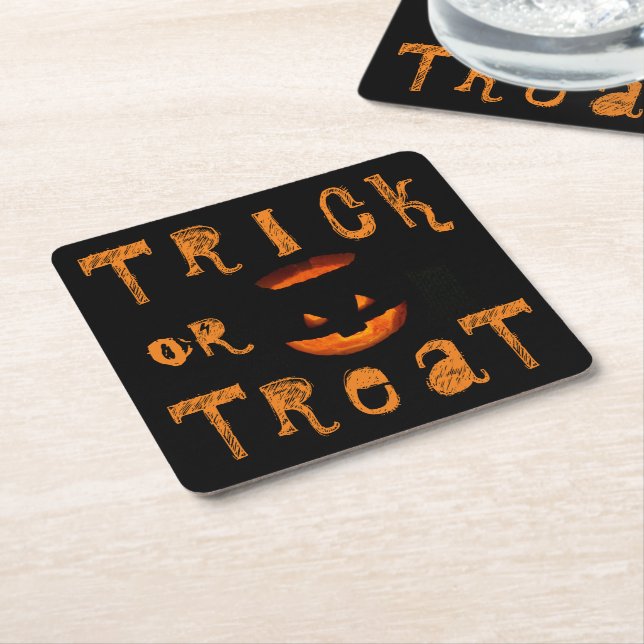 Trick or Treat Halloween Pumpkin Square Paper Coaster (Angled)