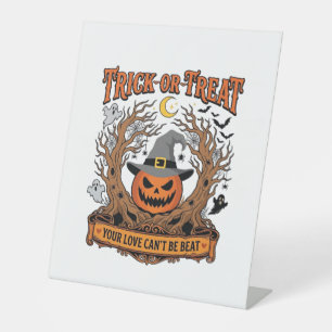 Trick Or Treat Halloween Pumpkin Witch Hat Spooky Pedestal Sign