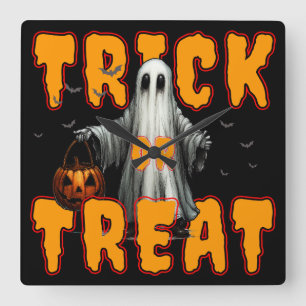 trick or treat halloween scary ghost pumpkin square wall clock