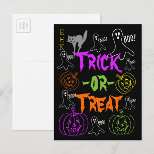 Trick-or-Treat Halloween Theme Pumpkin Ghost Cat Postcard