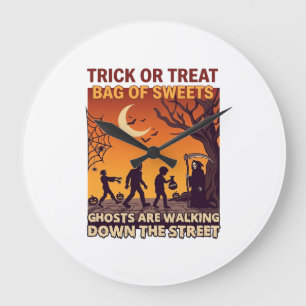 Trick Or Treat Halloween Zombies Grim Reaper Pumpk Large Clock