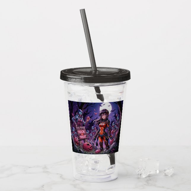 Trick or Treat Halloween Zombies Handing out Brain Acrylic Tumbler (Front Ice)