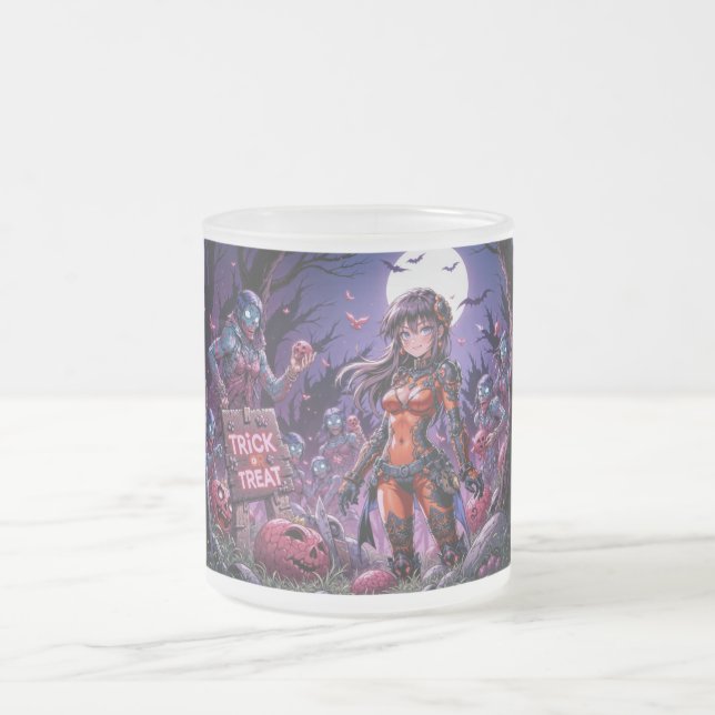 Trick or Treat Halloween Zombies Handing out Brain Frosted Glass Coffee Mug (Center)