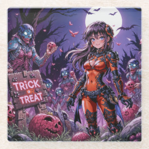 Trick or Treat Halloween Zombies Handing out Brain Glass Coaster