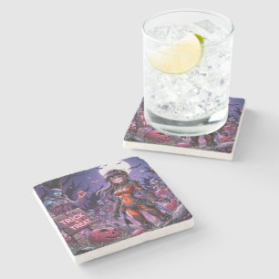 Trick or Treat Halloween Zombies Handing out Brain Stone Coaster