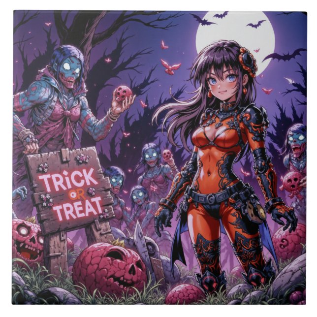 Trick or Treat Halloween Zombies Handing out Brain Tile (Front)