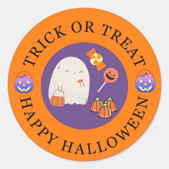 Trick or Treat Happy Halloween cute Ghost Classic Round Sticker (Front)