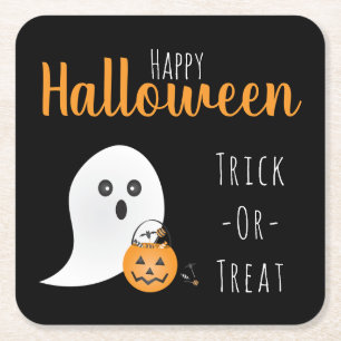 Trick Or Treat Happy Halloween Ghost Spooky Square Paper Coaster