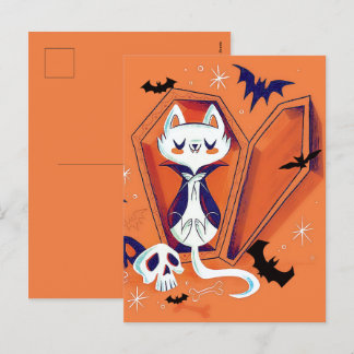 Trick or Treat Happy Halloween white cat Holiday Postcard