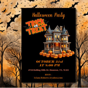 Trick Or Treat Haunted  House Black Halloween  Invitation