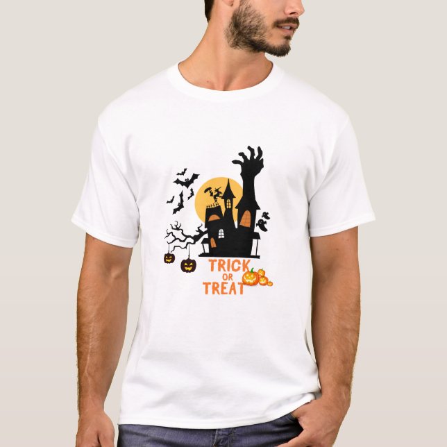 Trick or Treat Haunted House & Zombie Halloween T-Shirt (Front)