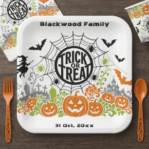 Trick or Treat Jack Bat Halloween Botanical Decor Paper Plate