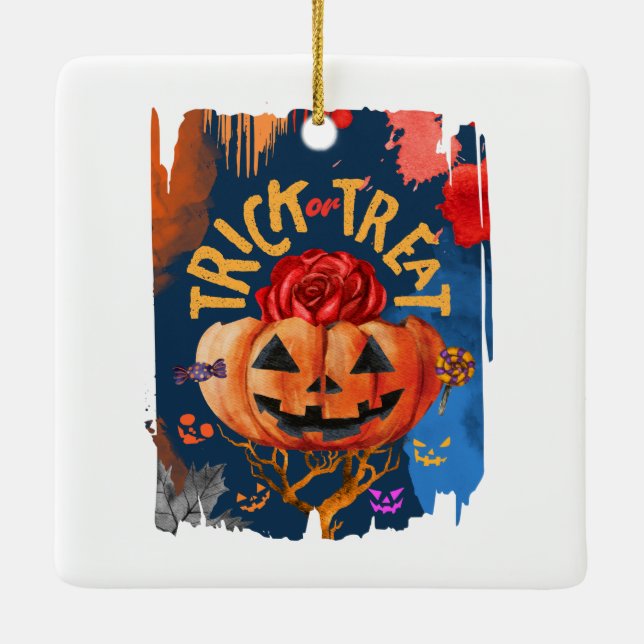 Trick or Treat – Jack-o'-Lantern with Red Rose (1) Ceramic Ornament (Back)
