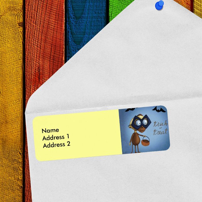 Trick or Treat Masked Monkey Bats (Fun masked Halloween Trick or treat monkey with bats on blue and yellow return address labels.)
