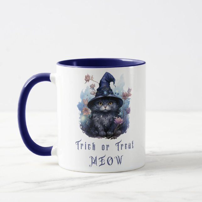 Trick or Treat Meow Black Cat Witch Hat Halloween Mug (Left)