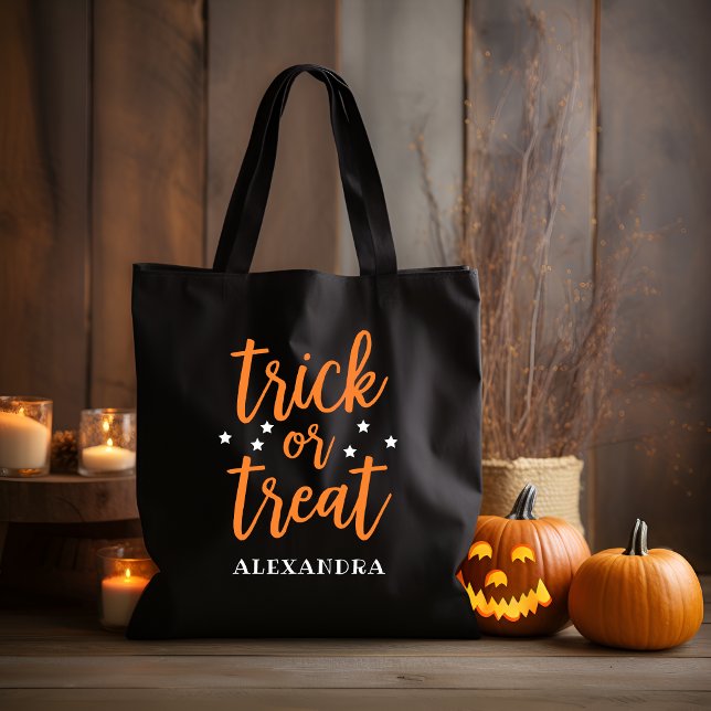 Trick or Treat Modern Orange Script Halloween Name Tote Bag (Creator Uploaded)