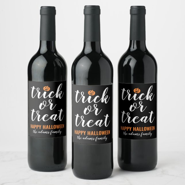 Trick or Treat Modern Script Custom Halloween Wine Label (Bottles)