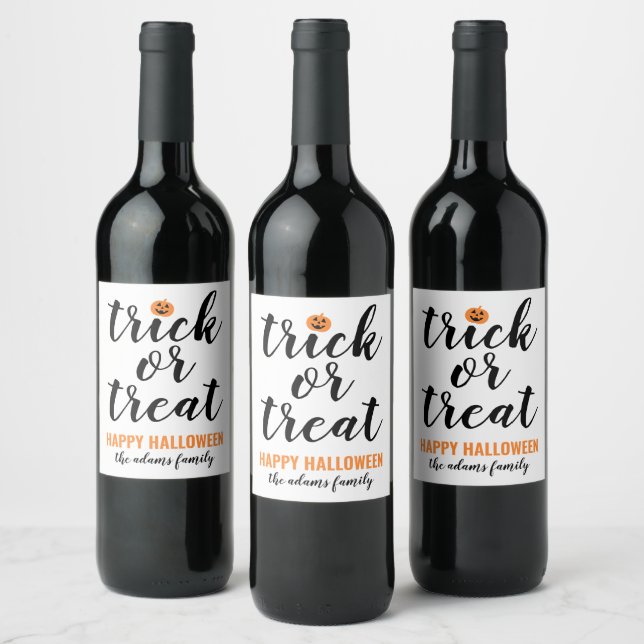Trick or Treat Modern Script Custom Halloween Wine Label (Bottles)