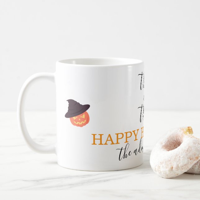 Trick or Treat Modern Script Halloween Coffee Mug (With Donut)