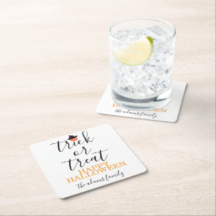 Trick or Treat Modern Script Halloween Square Paper Coaster