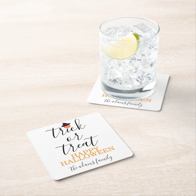 Trick or Treat Modern Script Halloween Square Paper Coaster (Insitu)