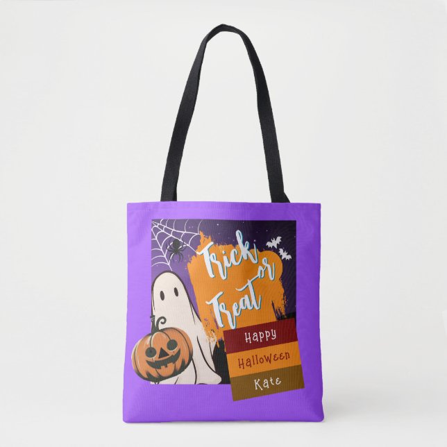 trick or treat,name, halloween orange Pumpkin Tote (Front)