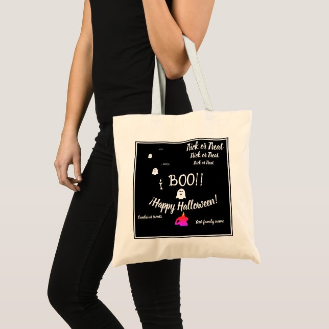  trick or treat,name, halloween personalised, boo! tote bag (Front (Product))