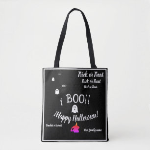 trick or treat,name, halloween personalised, boo! tote bag