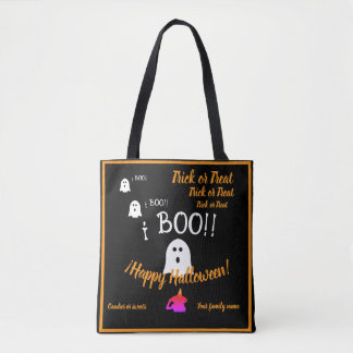  trick or treat,name, halloween personalised, boo! tote bag