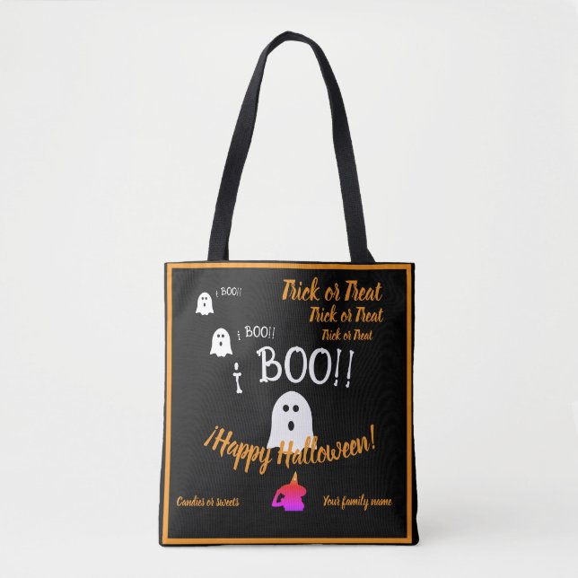  trick or treat,name, halloween personalised, boo! tote bag (Front)