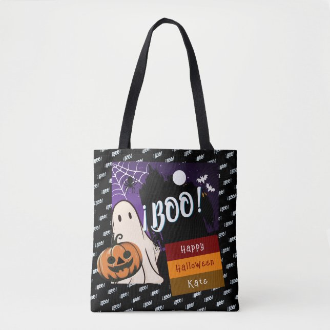 trick or treat,name persolalized halloween pink tote bag (Front)