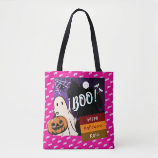 trick or treat,name persolalized halloween pink tote bag