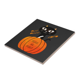 Trick or Treat Orange Black Cat Pumpkin Halloween Tile