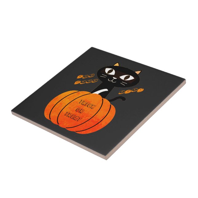 Trick or Treat Orange Black Cat Pumpkin Halloween Tile (Side)