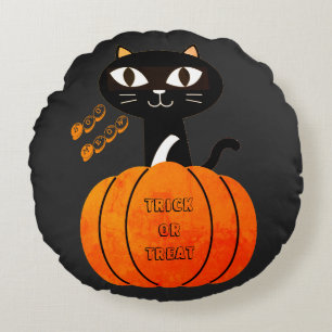 Trick or Treat Orange Black Cat Spooky Halloween Round Cushion