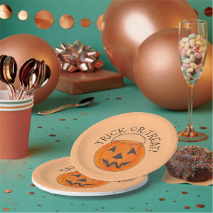 Trick-or-Treat Orange Pumpkin Bucket Halloween Paper Plate