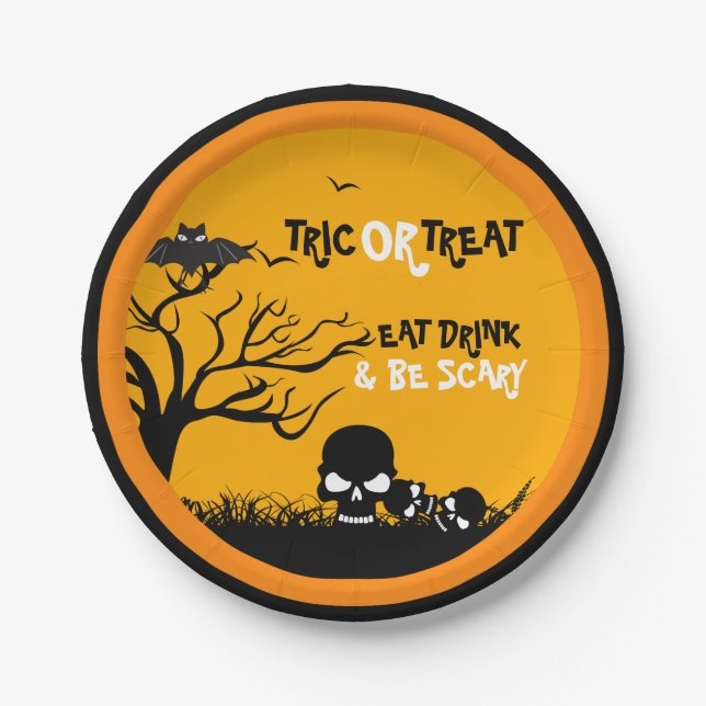 Trick Or Treat Owl & Skulls Illustration Paper Plate (Front)