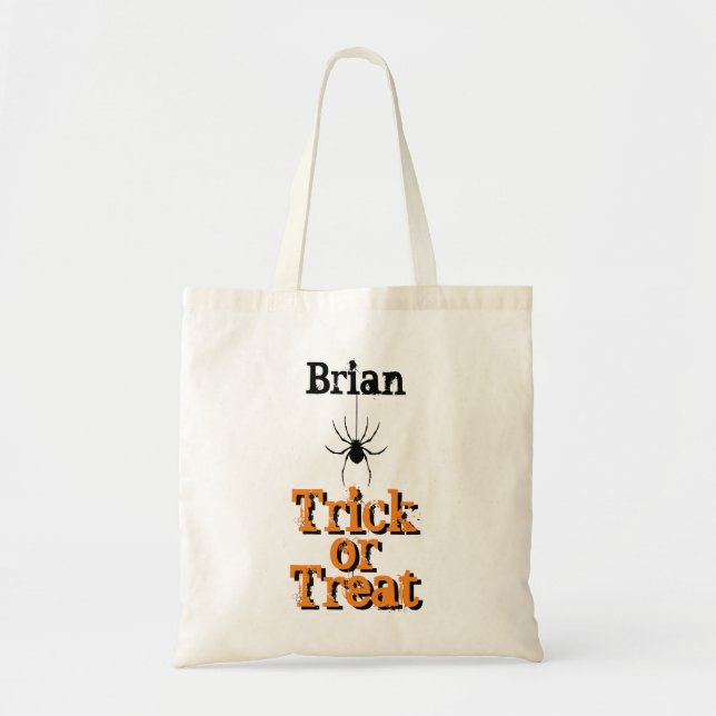 Trick or Treat Personalize YOUR NAME Spooky Spider Tote Bag (Front)