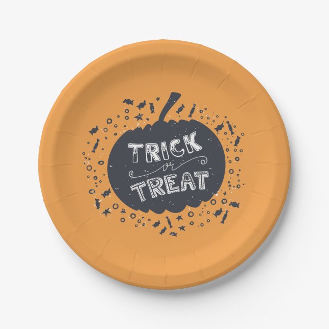 Trick Or Treat Pumpkin Halloween Paper Plate (Front)