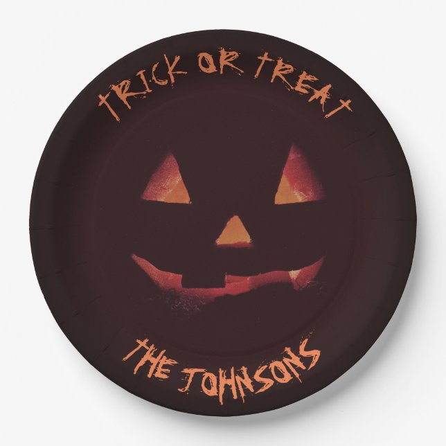 Trick or treat Pumpkin  Halloween party your name Paper Plate (Front)