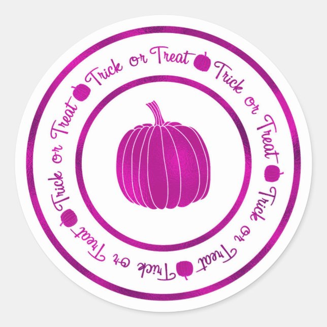 Trick or Treat & Pumpkin Purple Glam Halloween Classic Round Sticker (Front)